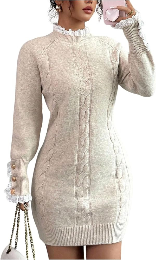 MakeMeChic Women's Button Lace Cable Knit Sweater Dress Long Sleeve Knit Bodycon Mini Dresses | Amazon (US)