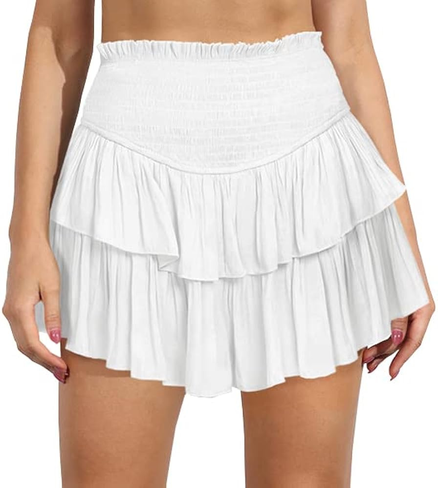 HOKOYI Women's Summer High Waist Smocked Ruffle Skirt Cute Flowy Layered Mini Skirt Skort Beach C... | Amazon (US)