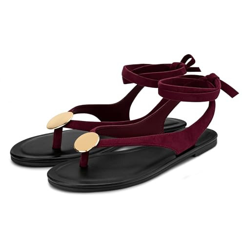Carcuume Women's Suede Flat Sandals with Metallic Accents Adjustable Strappy Flip Flops for Beach Vacation Casual Outings Cushioned Dressy Slides,MOLAZY-BURGUNDY SUEDE-11 | Amazon (US)