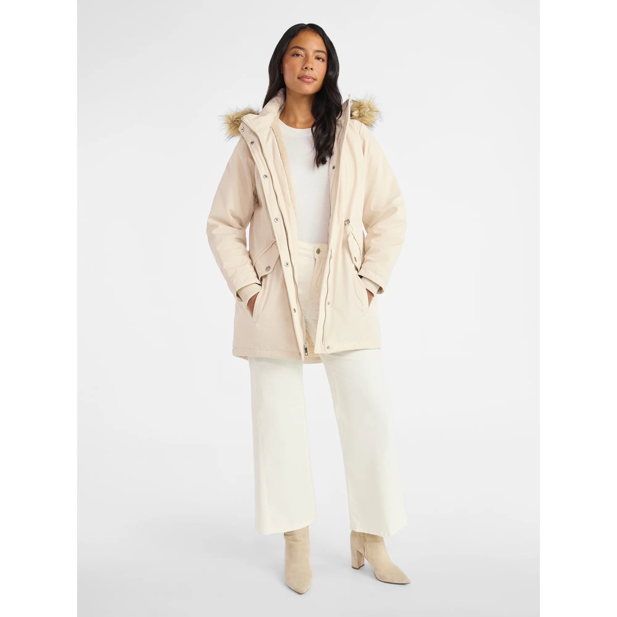 Time and Tru Women's and Women's Plus Hooded Anorak Jacket with Faux Fur Trim, Heavyweight, Sizes... | Walmart (US)