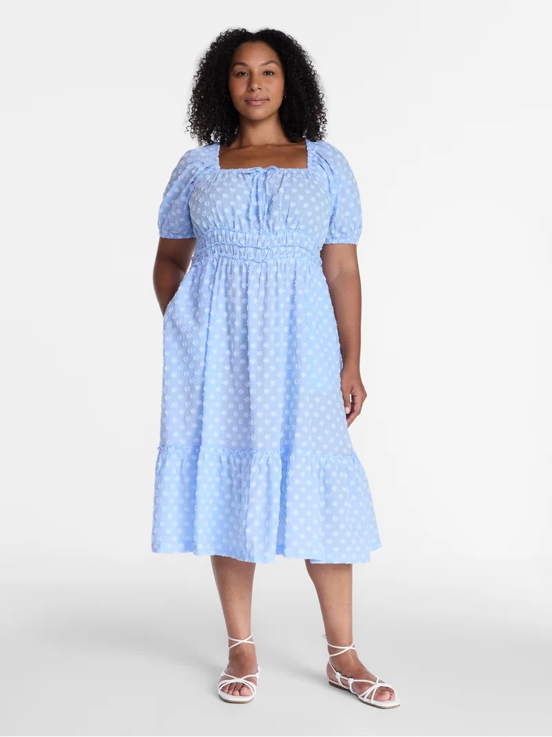 Time and Tru Women's Square Neck Cotton Midi Dress with Puff Sleeves, Sizes XS-XXXL | Walmart (US)