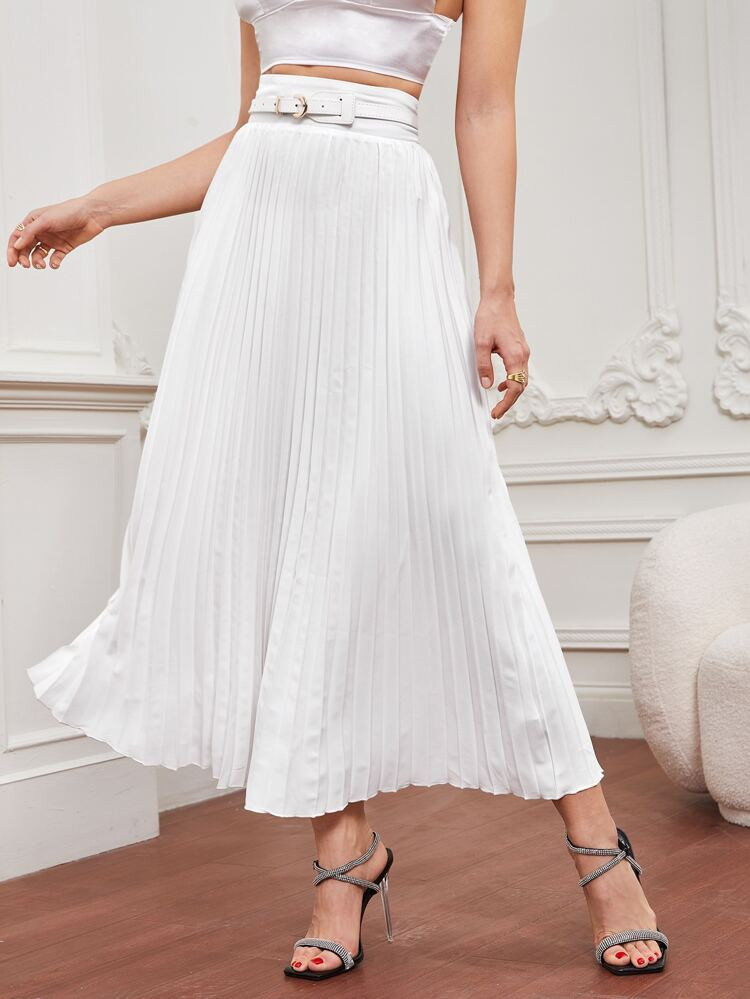 Solid High Waist Belted Pleated Skirt | SHEIN