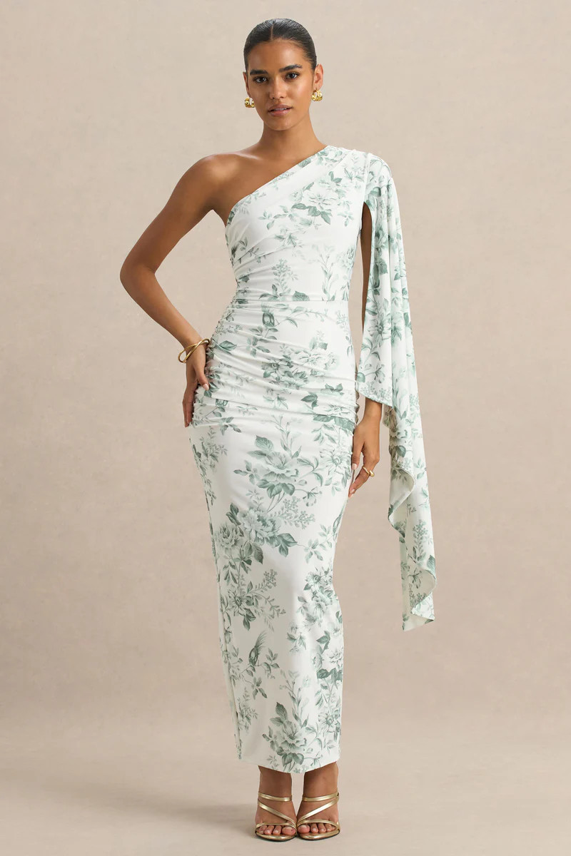 Clementina | Green Porcelain Print Asymmetric Cape Sleeve Maxi Dress | Club L London