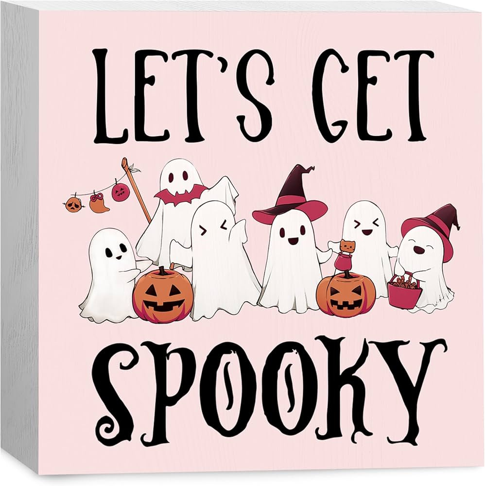 Pink Ghost Decor Halloween Wooden Box Sign, Pink Halloween Shelf Desk Decor, Girly Halloween Wood... | Amazon (US)