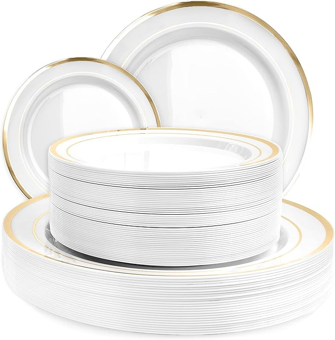 Aya's Cutlery Kingdom 100 White Plastic Plates Disposable with Gold Trim, 50 Plastic Dinner Plate... | Amazon (US)