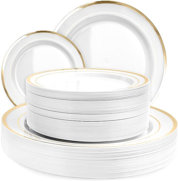 Aya's Cutlery Kingdom 100 White Plastic Plates Disposable with Gold Trim, 50 Plastic Dinner Plate... | Amazon (US)