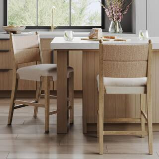 Nathan James Cove Light Brown Bohemian Solid Wood Upholstered Bar Stool with Natural Flax Cushion... | The Home Depot