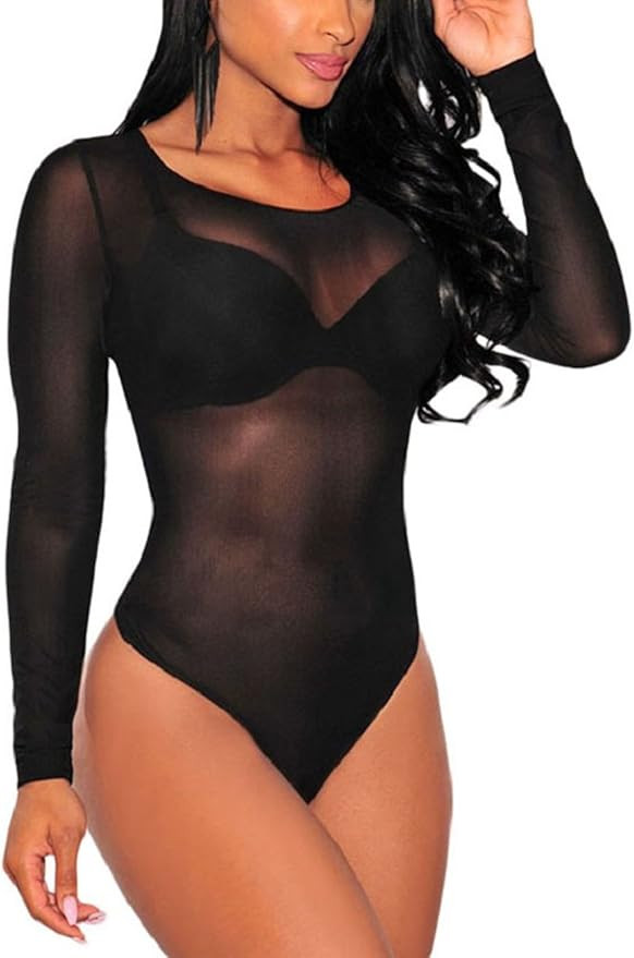 Uranus Store Women Clubwear Long Sleeves Stretch Mesh See Through Jumpsuit Bodysuit Top Leotard B... | Amazon (UK)