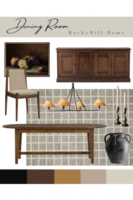 Modern traditional dining room moodboard, pottery barn sideboard buffet, Chris loves Julia rug, woven shade chandelier, modern dining chairs, fruit still life 

Use Code: ROCKYHILL for 15% off at Rugs Direct! Ends July 31st

#LTKhome #LTKstyletip