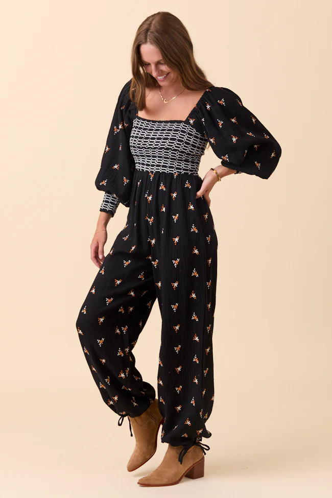 Dress To Impress Black Floral Stitched Smocked Top Jumpsuit | Pink Lily