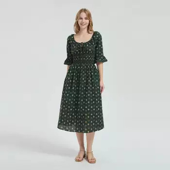 Women's Balloon Short Sleeve Printed Maxi Sundress - Universal Thread™ Green Floral L | Target