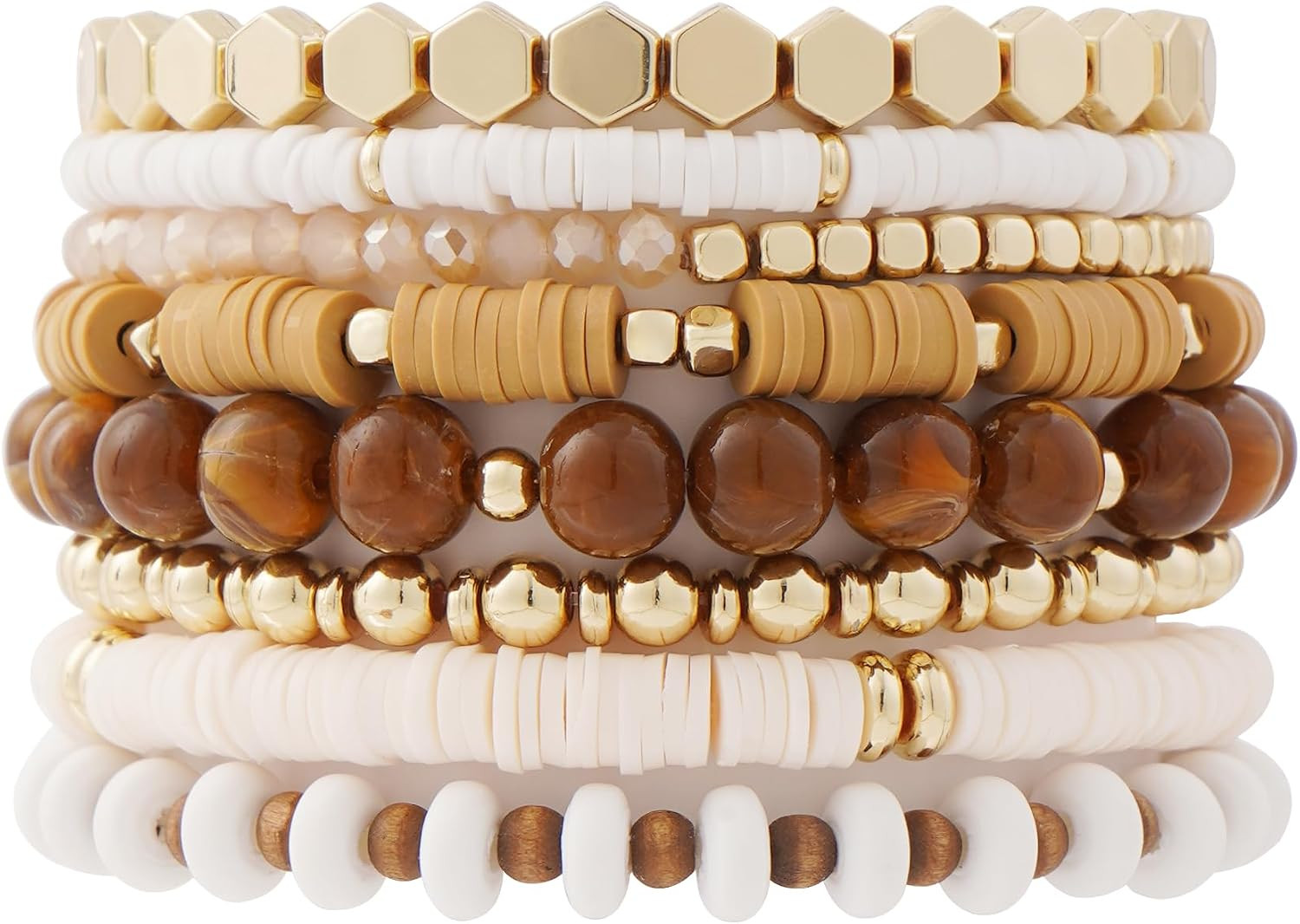 Surfer Heishi Clay Bead Bracelets for Women Bohemian Stackable Gold Plated Beaded Stretch Bracelets Elastic Layering Friendship Bracelets Set Boho Jewelry | Amazon (US)