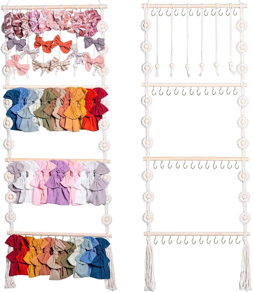 Headband Holder - Bow Holder for Baby Girl – Macrame Bow Organizer for Baby Girl w/ 48 Metal Ho... | Amazon (US)