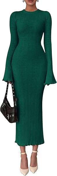 PRETTYGARDEN Sweater Dresses for Women 2025 Fall Bell Long Sleeve Crew Neck Bodycon Maxi Dress Wi... | Amazon (US)