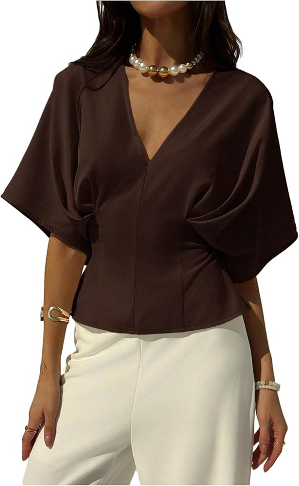 GORGLITTER Women's Tie Back Wrap Tops Dolman Sleeve V Neck Business Casual Dressy Blouse Shirts | Amazon (US)