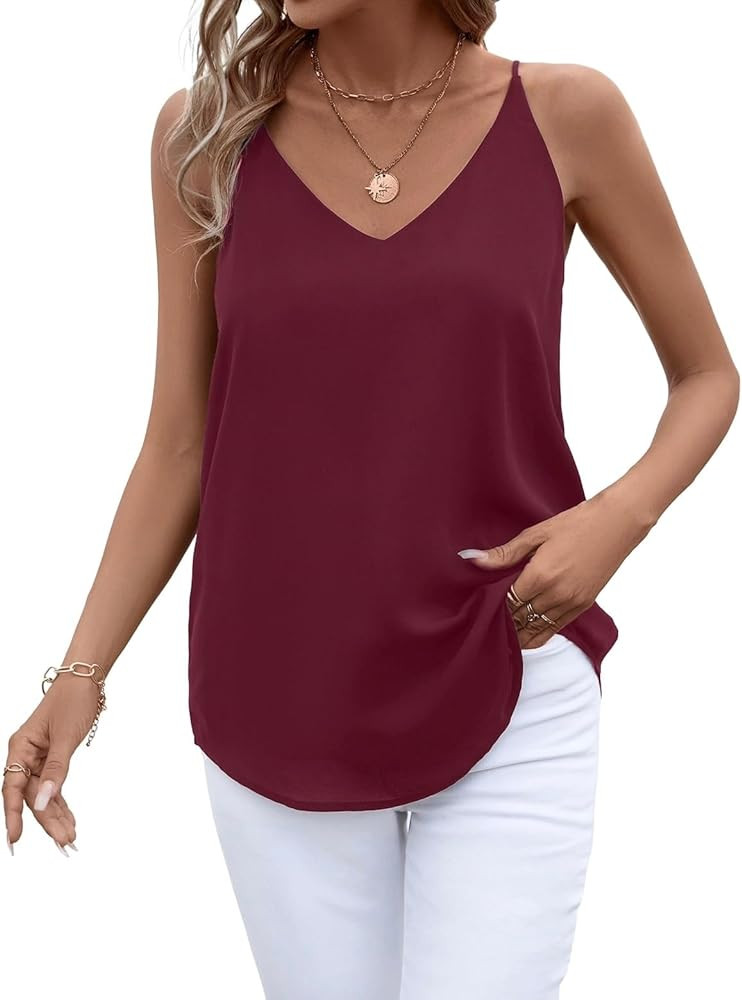 Womens V Neck Spaghetti Strap Tank Tops Dressy Casual Camisole Blouses Sleeveless Loose Cami Basi... | Amazon (US)