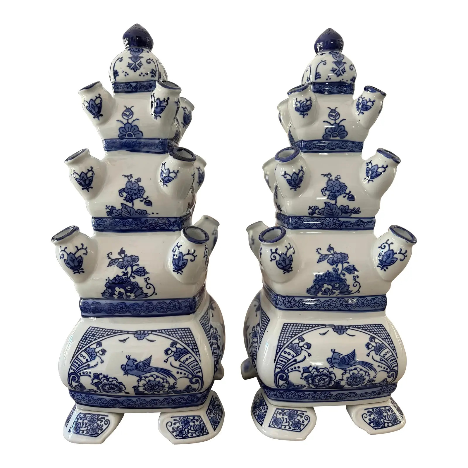 Blue & White Pagoda Chinoiserie Tulipieres, Pair | Chairish