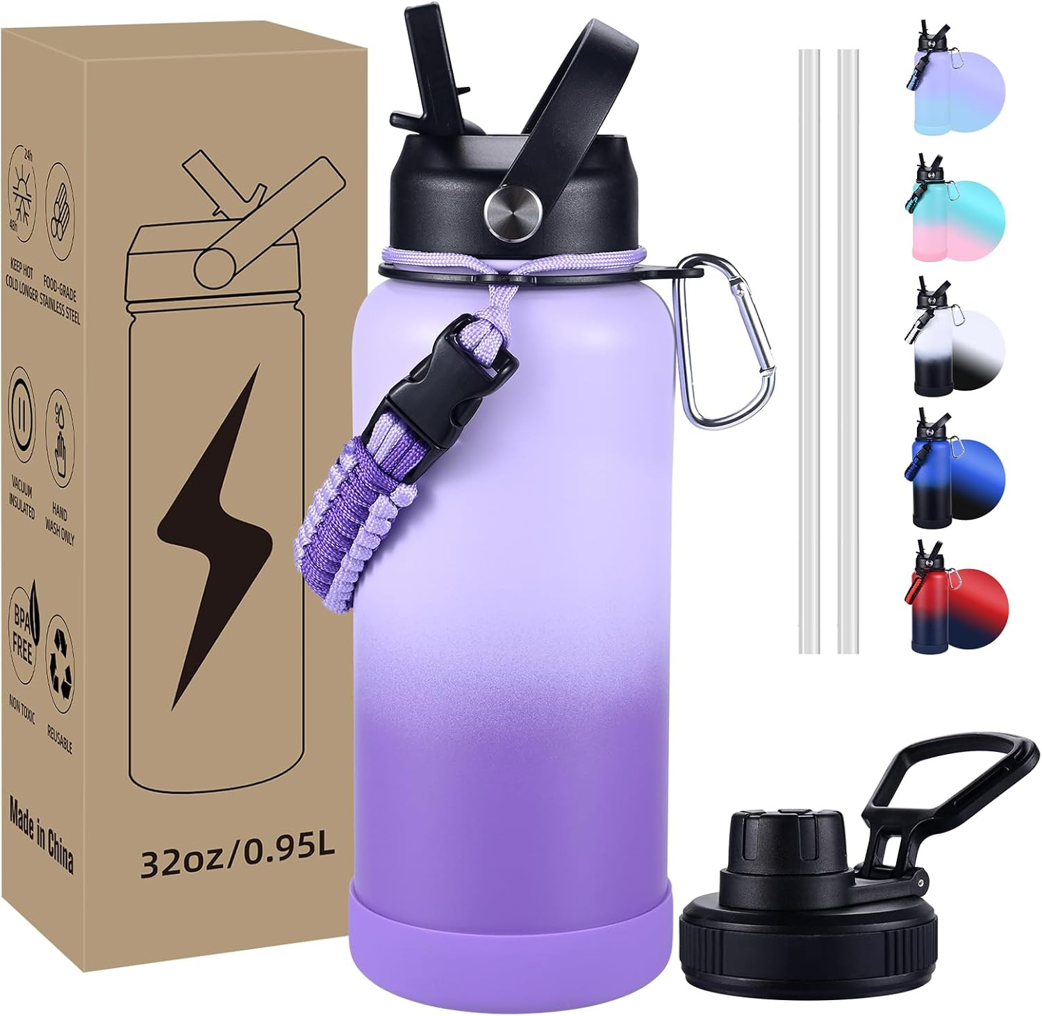 Insulated Water Bottle, 32 oz Stainless Steel Wide Mouth Water Bottles with 2 Leak Proof Lid and Paracord Handle, Double Wall Vacuum Insulated Sports Water Bottle, Gradient Purple | Amazon (US)