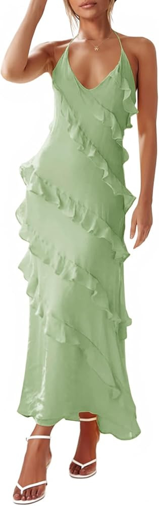 Wenrine Womens Sexy Chiffon Halter Maxi Dress Sleeveless Backless Ruffle Tassel Party Club Dresse... | Amazon (US)