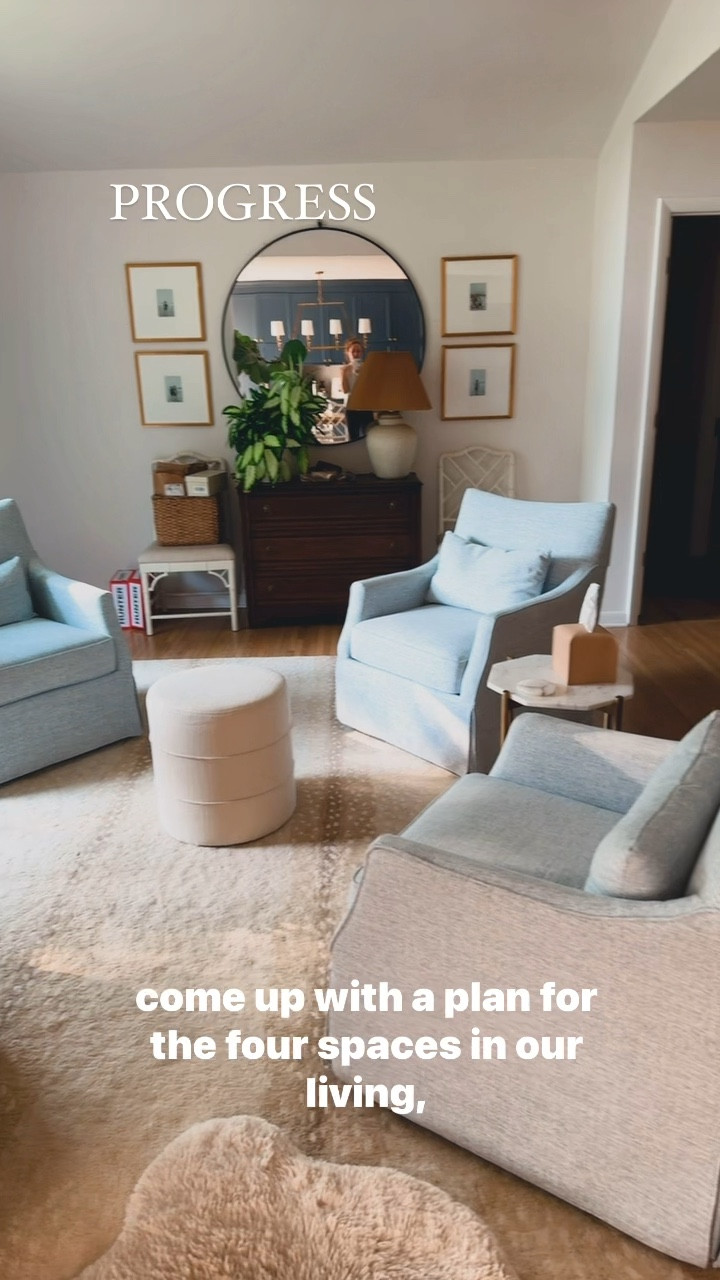 Our progress with the design plan from Elizabeth Burch interiors. Linking all the things we’ve purchased and love!

- Blue swivel chairs for a total steal and o comfortable
- Ballard Designs classic chinoiserie dining chairs (we found ours on FBMP)
- visual comfort chandelier 
- marble side tables
- cutie cream ottomans
- Ballard Designs Antelope rug
- Oushak Ruggable 
- Cream swivel chairs 
- Green Velvet traditional sofa 
- woven bar stools (kid-friendly!)
- square gold gallery wall frames 
- Turkish kitchen rug from the best seller on Etsy 

More to come! Thanks for following along with our progress in finding our style and making our house a home with the help of EBI! 