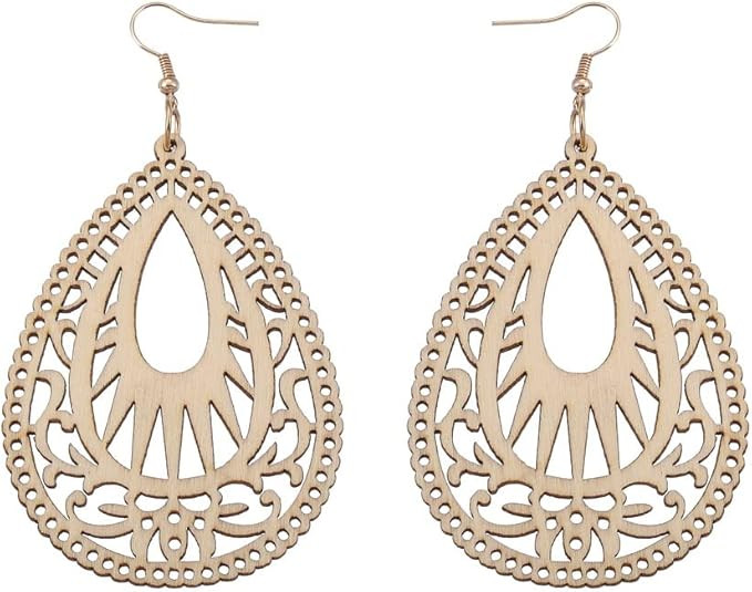 Bohemian Wood Earrings Natural Retro Lightweight Teardrop Geometric Hollow Wooden Dangle Drop Ear... | Amazon (US)