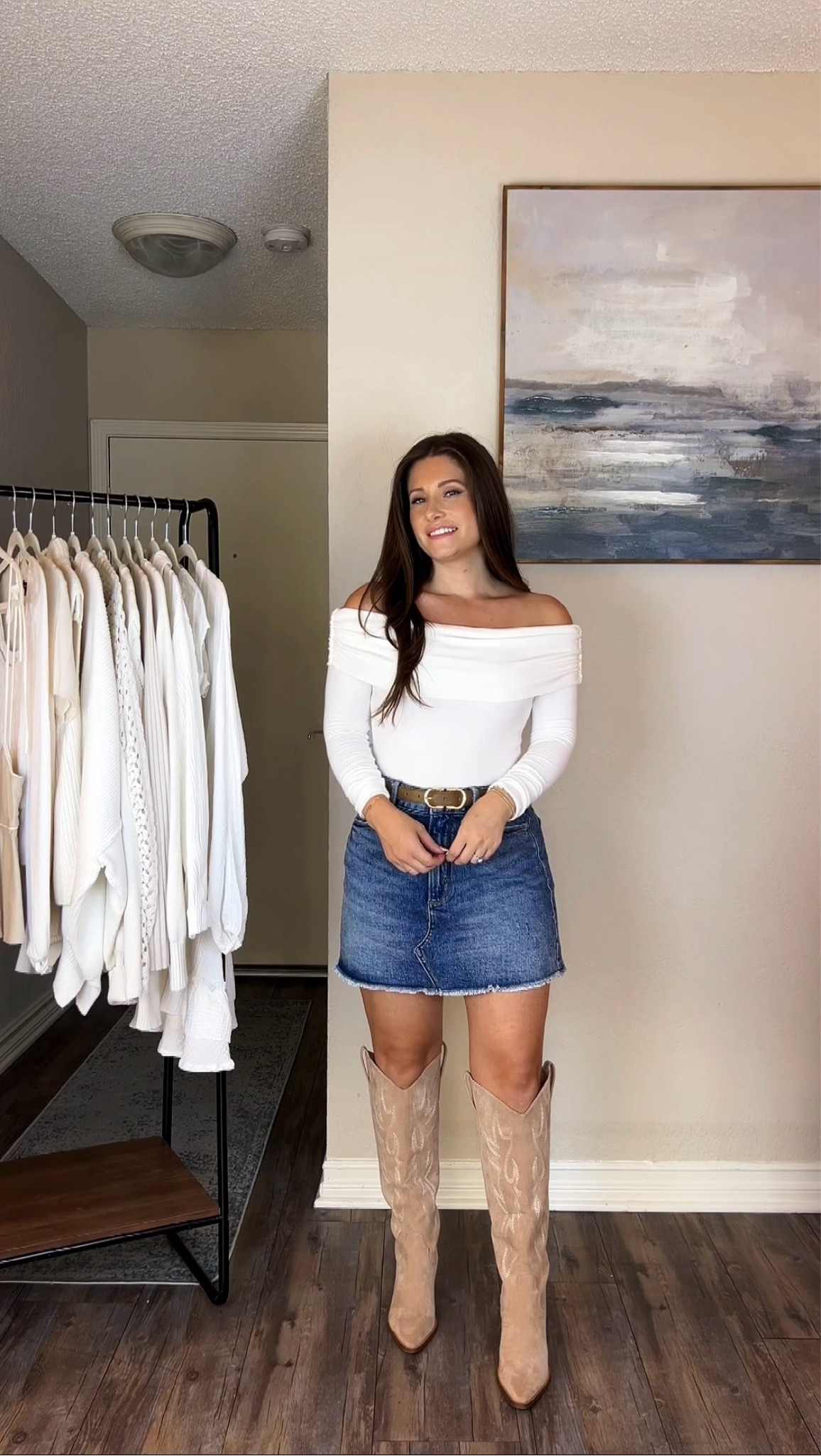 Fall Outfit 🤎 wearing size Small top, Size 4 denim mini skirt, size up .5 in western boots 

#LTKStyleTip #LTKSeasonal