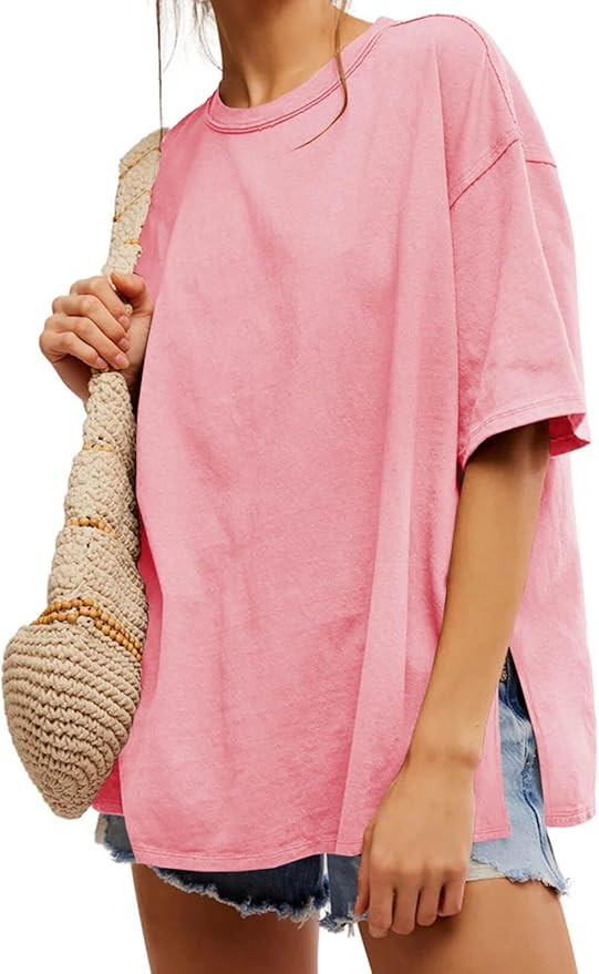 Tankaneo Womens Oversized Tshirts Summer Casual Short Sleeve Crew Neck T Shirt Loose Fit Side Sli... | Amazon (US)