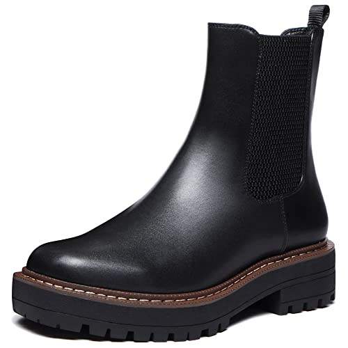 Athlefit Women's Chelsea Ankle Boots Platform Slip On Chunky Heel Lug Sole Leather Booties | Amazon (US)