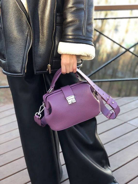 REAL LEATHER BAG trendy Handbag purple Leather Briefcase Bag | Etsy | Etsy (US)