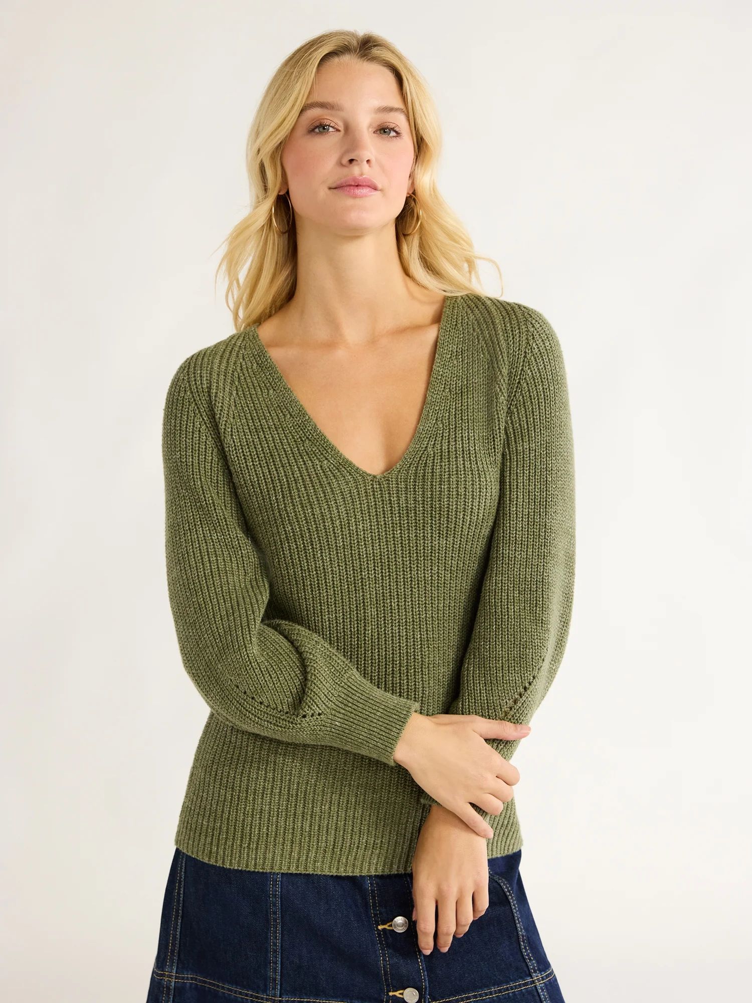 Free Assembly Women's V-Neck Sweater with Long Puff Sleeves, Midweight, Sizes XS-XXL - Walmart.co... | Walmart (US)