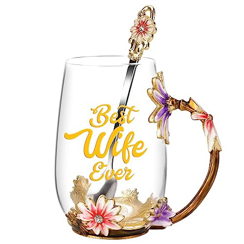 OEAGO Gifts for Wife from Husband Romantic Tea Cup Gifts for Her Birthday Flower Glass Mugs Wedding Mothers Day Christmas Anniversary | Amazon (US)