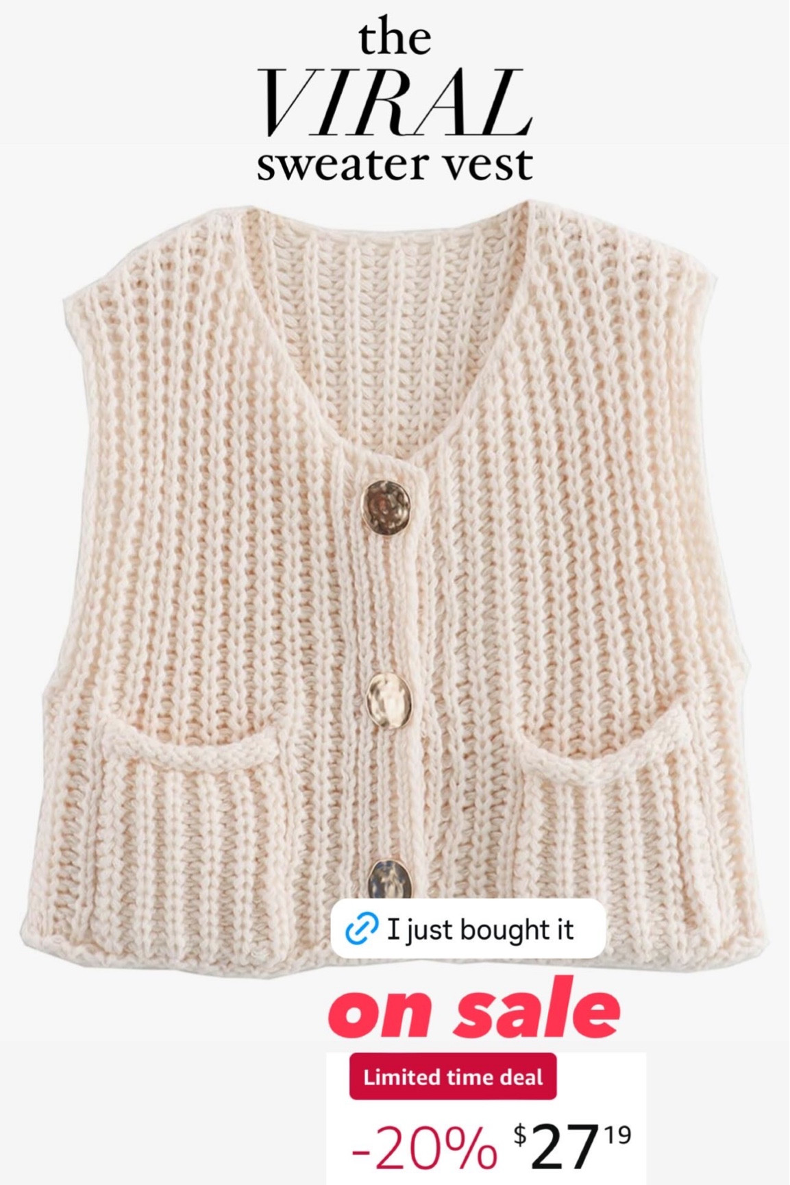 This sweater vest is EVERYTHING! 🙌 Perfect for layering, adding a cozy-chic vibe to any outfit while still keeping it lightweight. Whether you're rocking it with jeans, leggings, or over a dress, it's the easiest way to nail that effortlessly stylish look. And right now, it's on *sale* – yep, it's time to snag yours before it sells out! Trust me, you won't want to miss this fall essential. 🍂👗