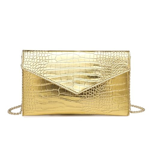 CuteClear Envelope Clutch Purse for Women PU Leather Handbag Gold Evening Bag with Detachable Chain Strap for Wedding Party Prom (Gold) | Amazon (US)