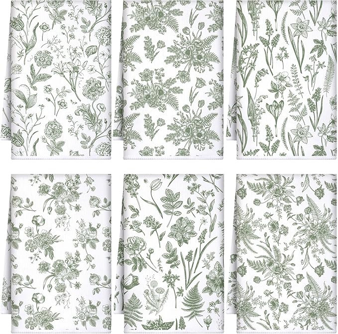 Boyiee 6 Sets Sage Green Kitchen Towels Set Vintage Floral Dish Tea Towels Absorbent Wildflower D... | Amazon (US)