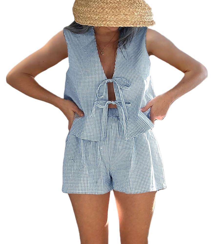 Women Y2k Gingham Set Tie front Tank Top Plaid Boxer Shorts 2 Piece Outfits Cute Summer Sets Loun... | Amazon (US)