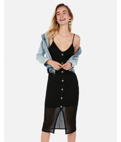 Express Womens Ribbed Button Front Midi Dress Black Women's Xs Black Xs | Express