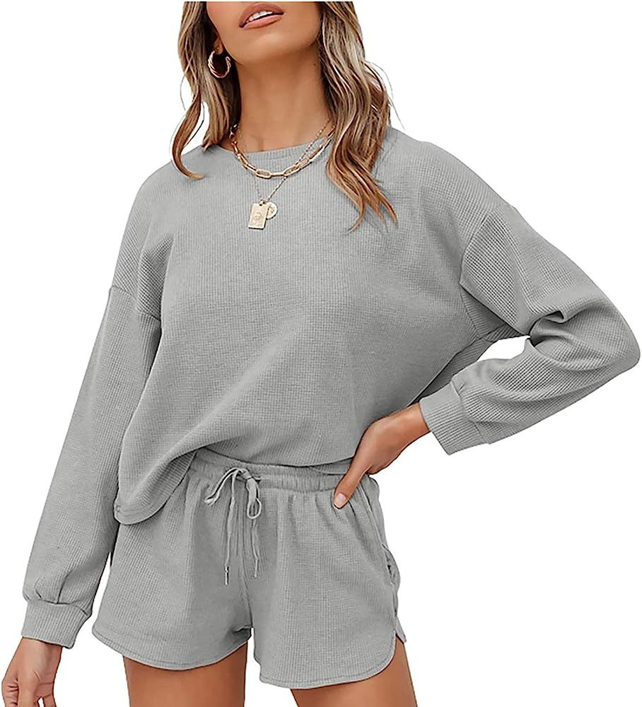 MEROKEETY Women's Long Sleeve Pajama Set Henley Knit Tops and Shorts Sleepwear Loungewear | Amazon (US)