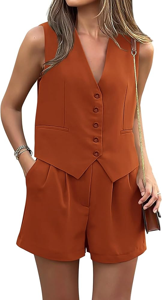 PRETTYGARDEN Womens 2024 2 Piece V Neck Sleeveless Button Down Vest Shorts Sets | Amazon (US)