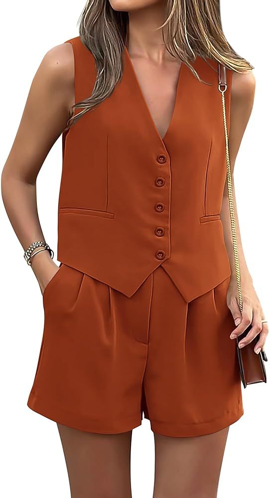 Pretty Garden Womens 2024 2 Piece V Neck Sleeveless Button Down Vest Shorts Sets | Amazon (US)
