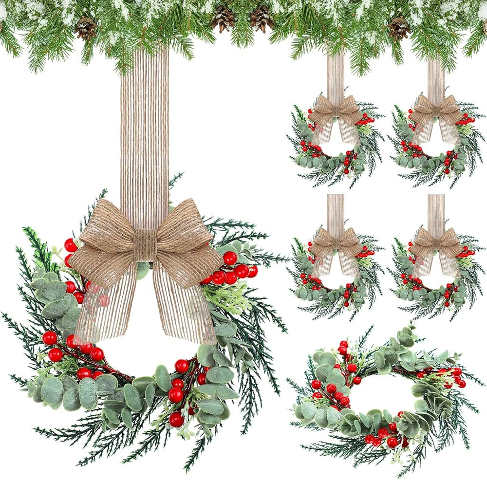 Hotop 6 Set Christmas Wreath Decorations Christmas Kitchen Cabinet Wreaths with Burlap Ribbon Min... | Amazon (US)