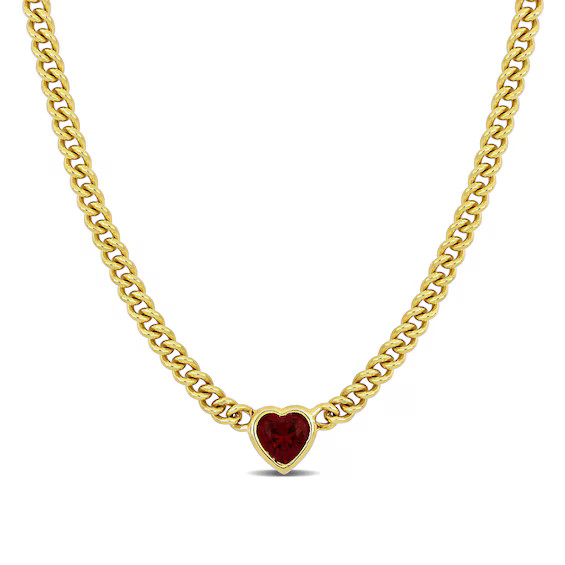 8.0mm Heart-Shaped Lab-Created Ruby Solitaire Curb Chain Necklace in Sterling Silver with Yellow ... | Zales
