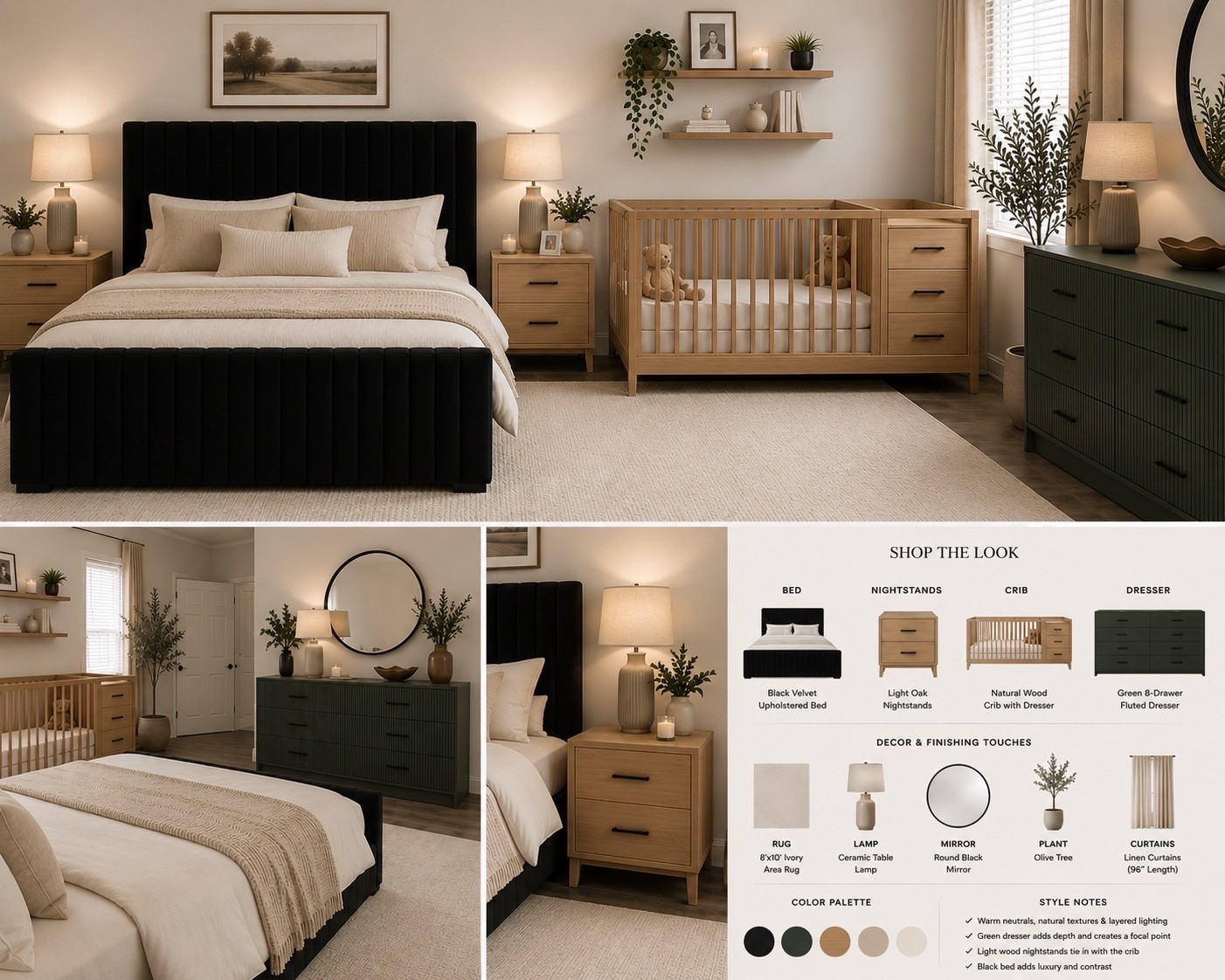 Creating my dream bedroom with an organic modern touch. 🖤 I love mixing a black upholstered bed with warm oak furniture, earthy green accents, soft cream bedding, and cozy textures. It’s timeless, calming, and perfect for a space that feels both luxurious and lived in. 🤍🌿