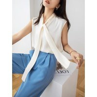 Bow Silk Blouse/Women White Sleeveless Loose Graduation Laa59 | Etsy (US)