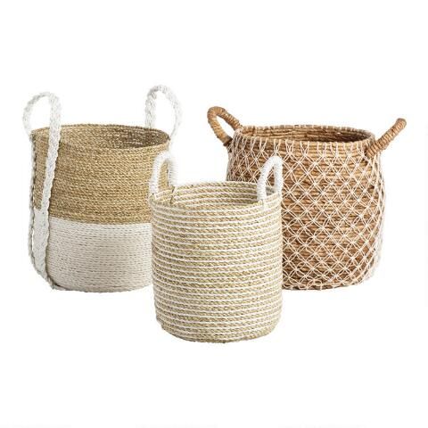 Medium Two Tone Seagrass Bianca Tote Basket | World Market