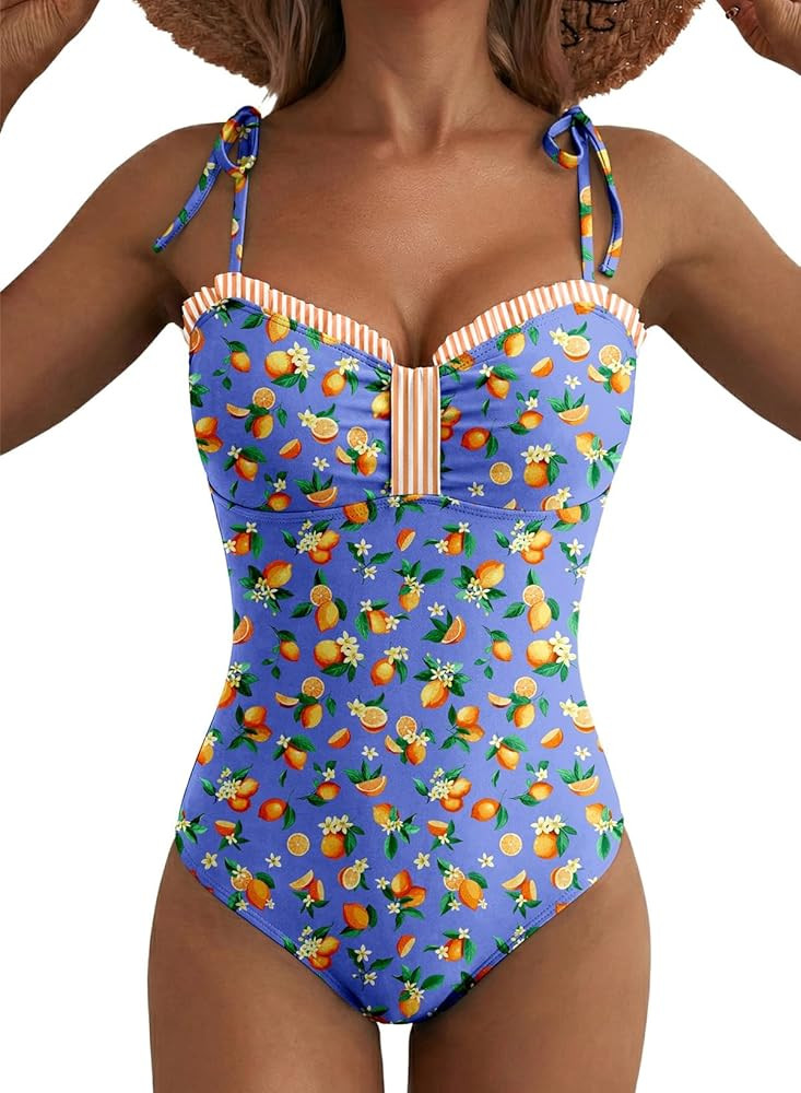 Herseas Women\u2019s Striped One Piece Swimsuits Tie Shoulder High Cut Tummy Control Bathing Suit... | Amazon (US)