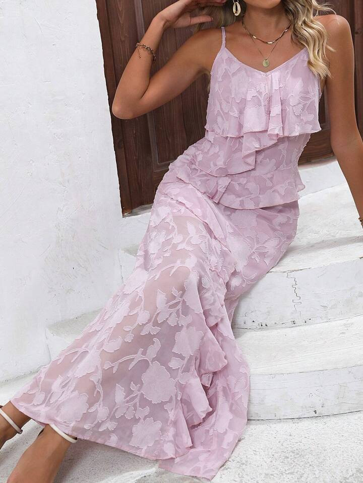 SHEIN Privé Vestido de tirantes jacquard ribete con fruncido de muslo con abertura | SHEIN