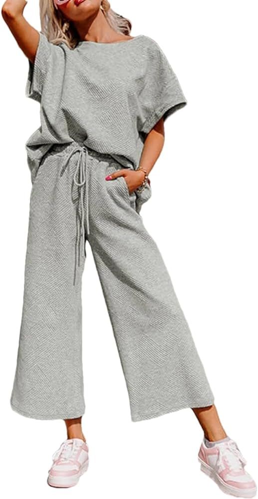 Women's 2 Piece Textured Sweatsuit Short Sleeve Pullover Top Wide Leg Pant Tracksuit Set | Amazon (US)