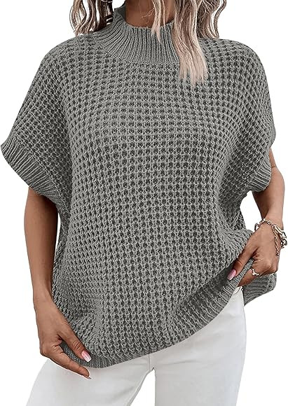 ANRABESS Women's Oversized Short Batwing Sleeve Mock Neck Sweater Vest 2024 Spring Sleeveless Swe... | Amazon (US)