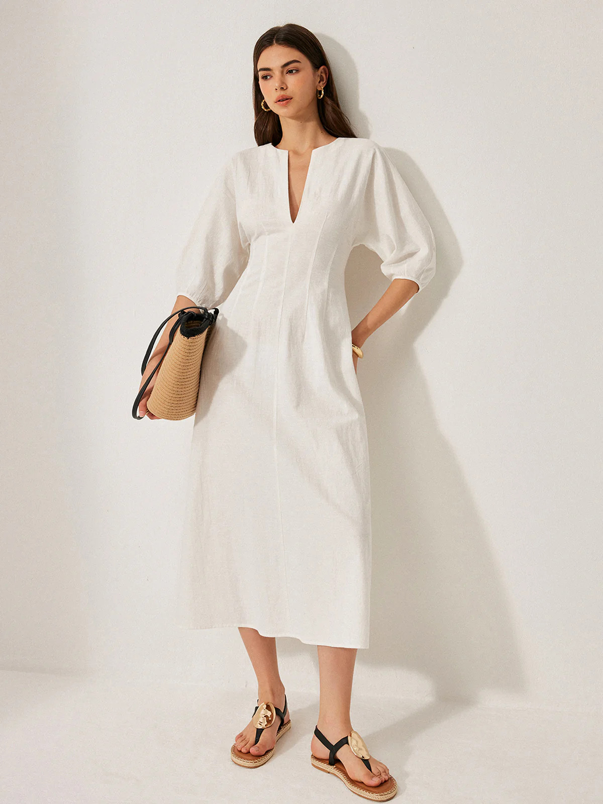 Cotton & Linen Puff Sleeve Dress Without Belt | Commense