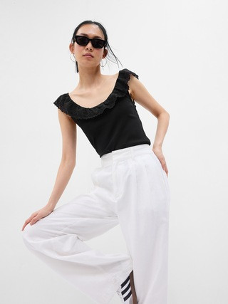 Eyelet Ruffle Neck Rib Tank Top | Gap (US)
